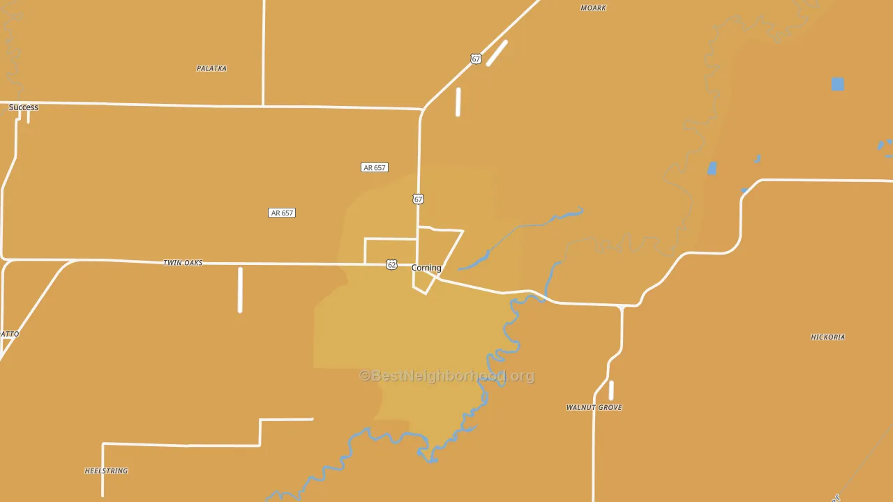 Map of the best neighborhoods in the 72422 area, with better matches in green and worse matches in red