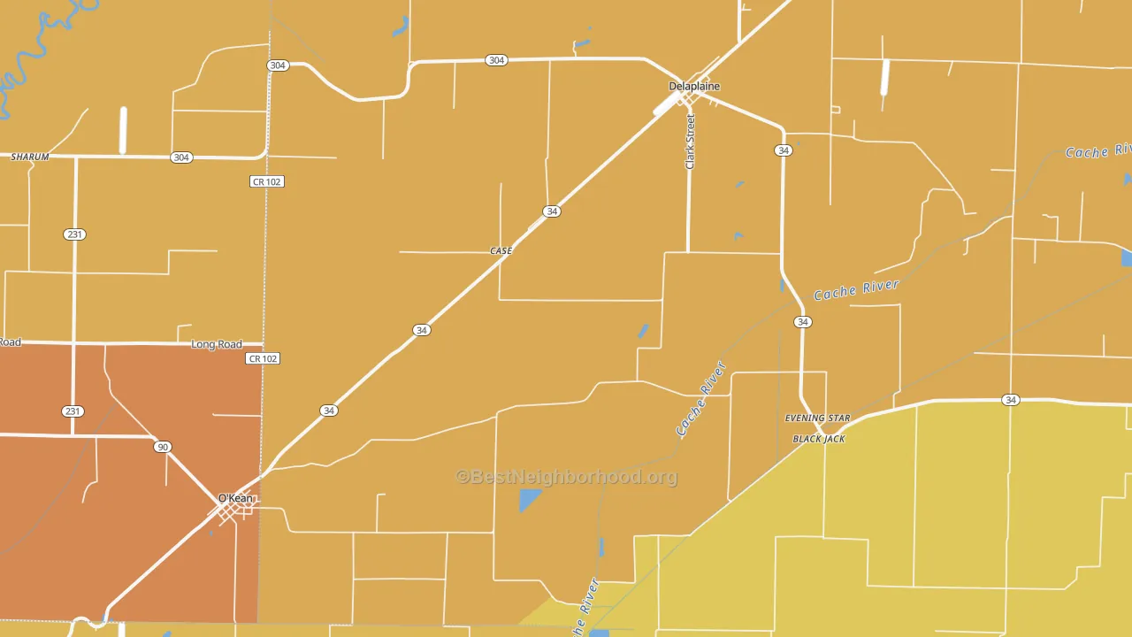 Map of the best neighborhoods in the 72425 area, with better matches in green and worse matches in red