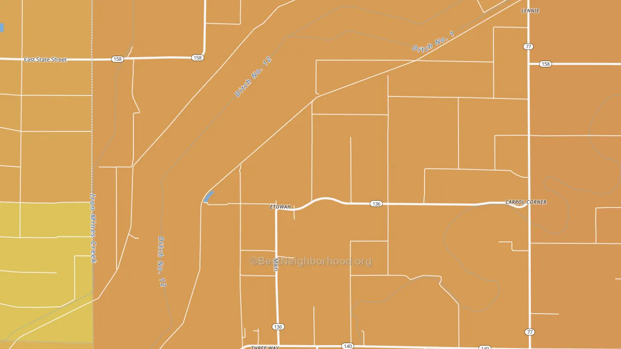Map of the best neighborhoods in the 72428 area, with better matches in green and worse matches in red