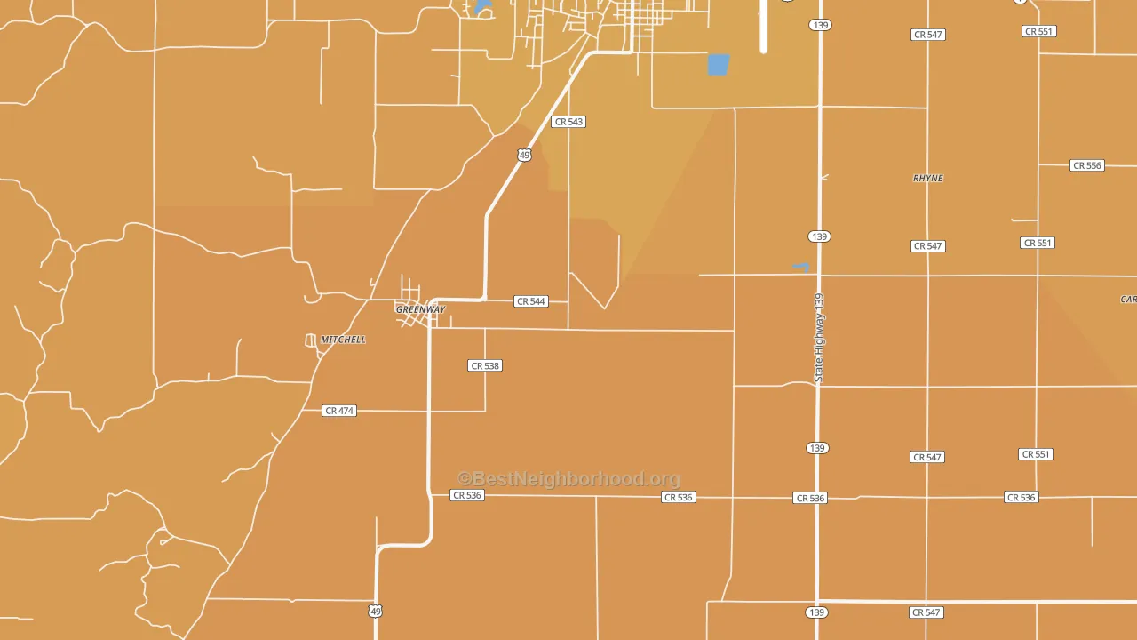 Map of the best neighborhoods in the 72430 area, with better matches in green and worse matches in red