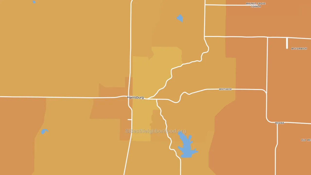 Map of the best neighborhoods in the 72432 area, with better matches in green and worse matches in red