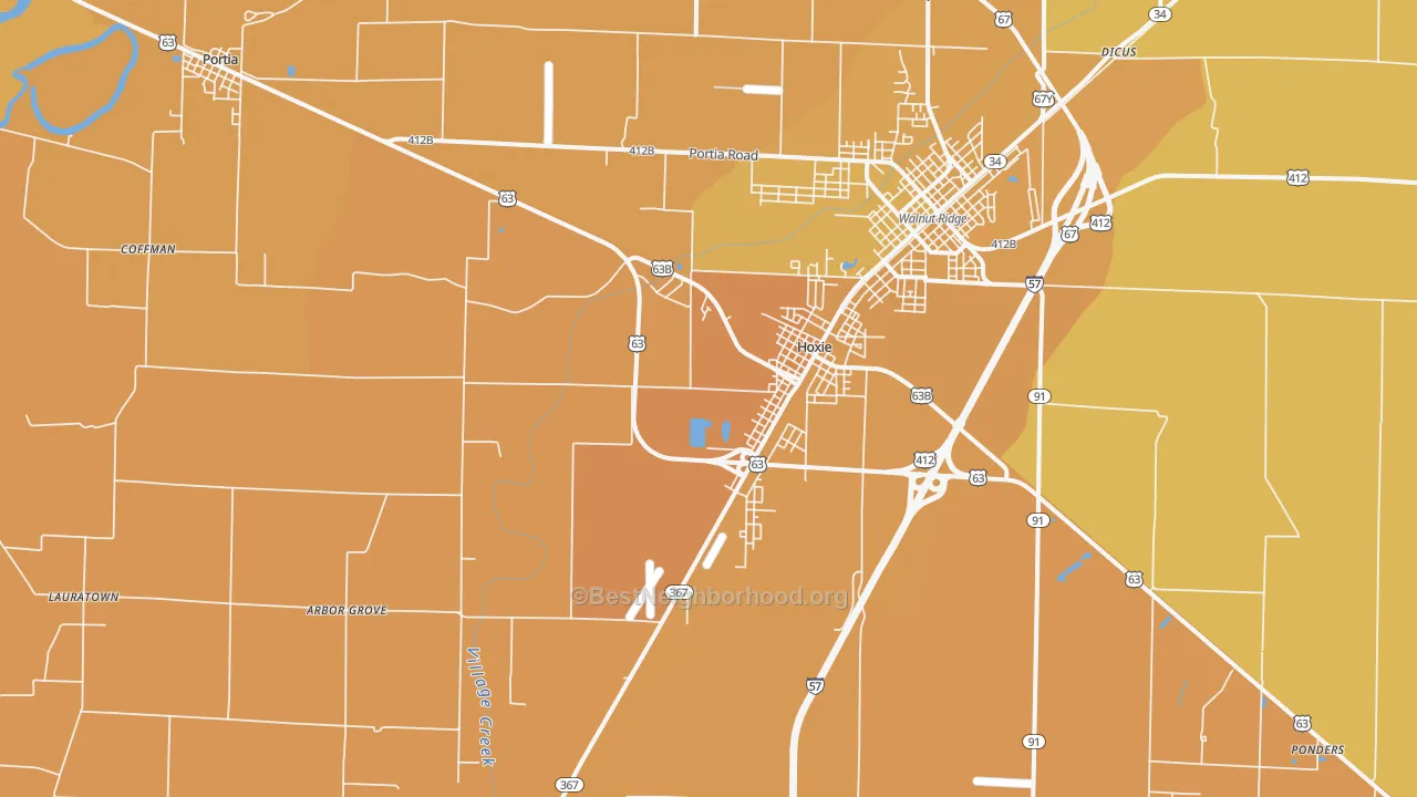 Map of the best neighborhoods in the 72433 area, with better matches in green and worse matches in red