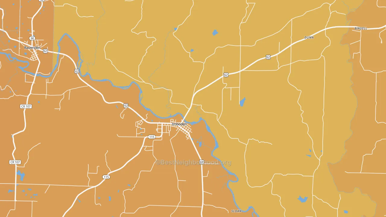 Map of the best neighborhoods in the 72434 area, with better matches in green and worse matches in red