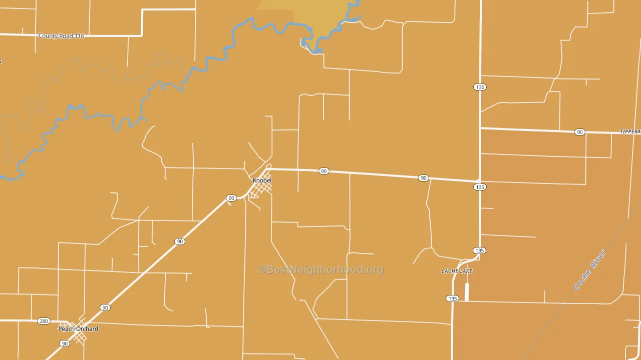 Map of the best neighborhoods in the 72435 area, with better matches in green and worse matches in red