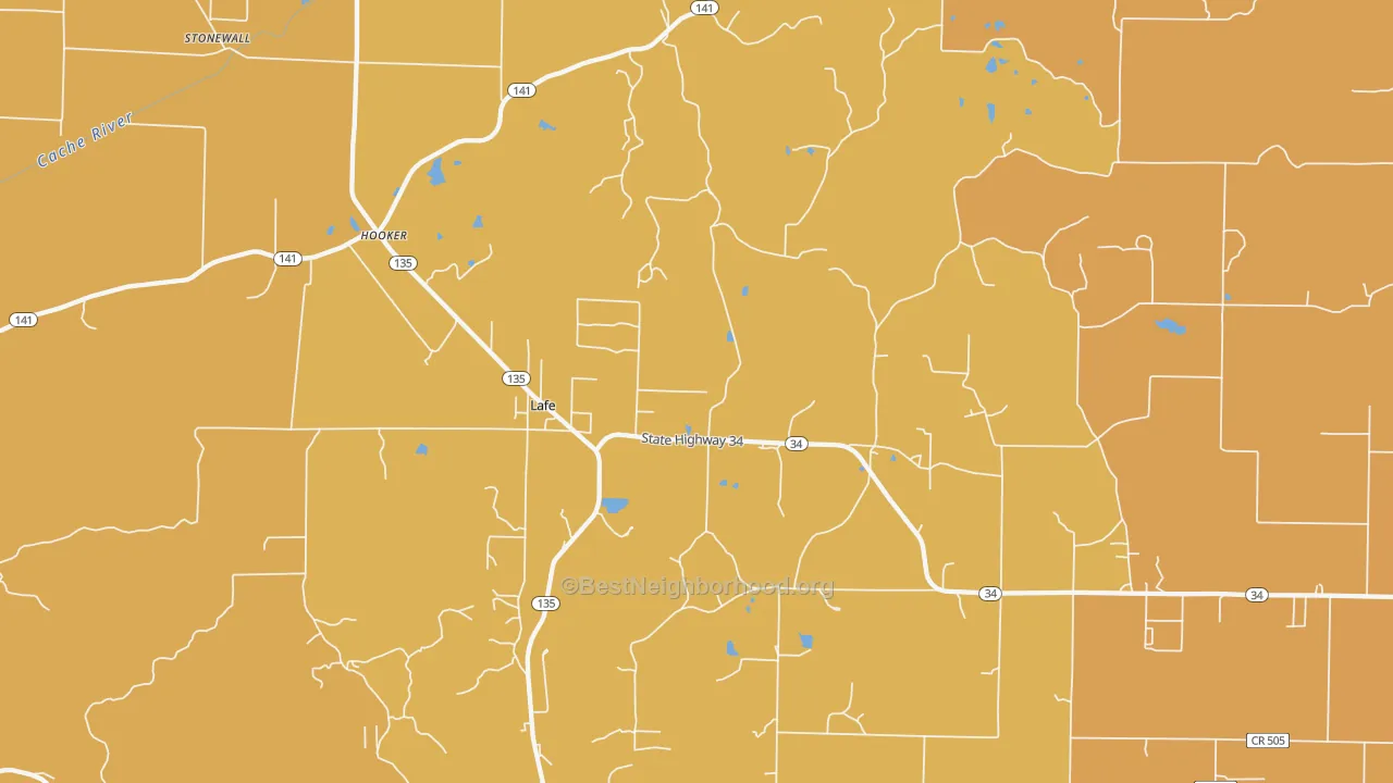 Map of the best neighborhoods in the 72436 area, with better matches in green and worse matches in red