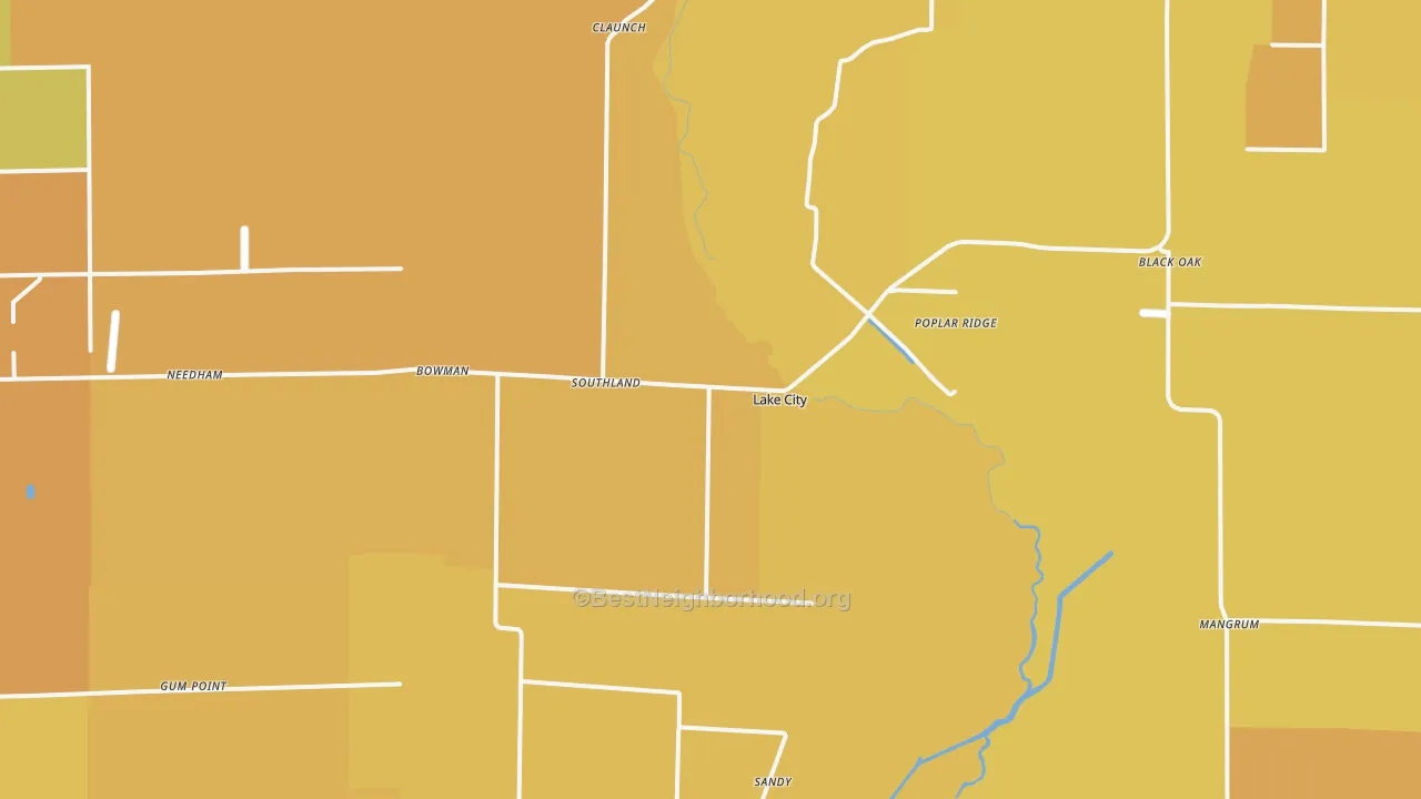 Map of the best neighborhoods in the 72437 area, with better matches in green and worse matches in red