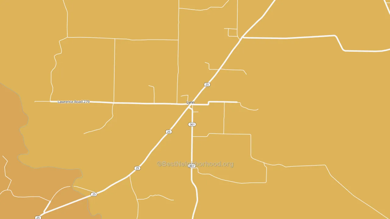 Map of the best neighborhoods in the 72440 area, with better matches in green and worse matches in red