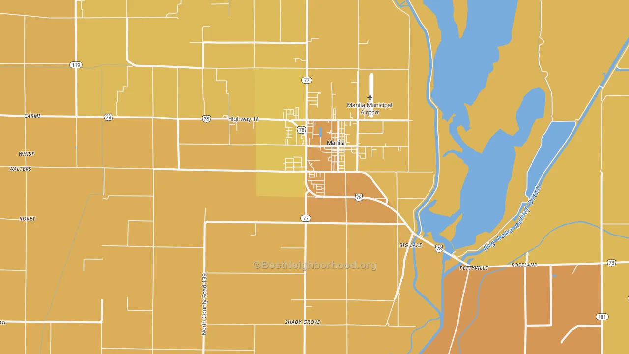 Map of the best neighborhoods in the 72442 area, with better matches in green and worse matches in red