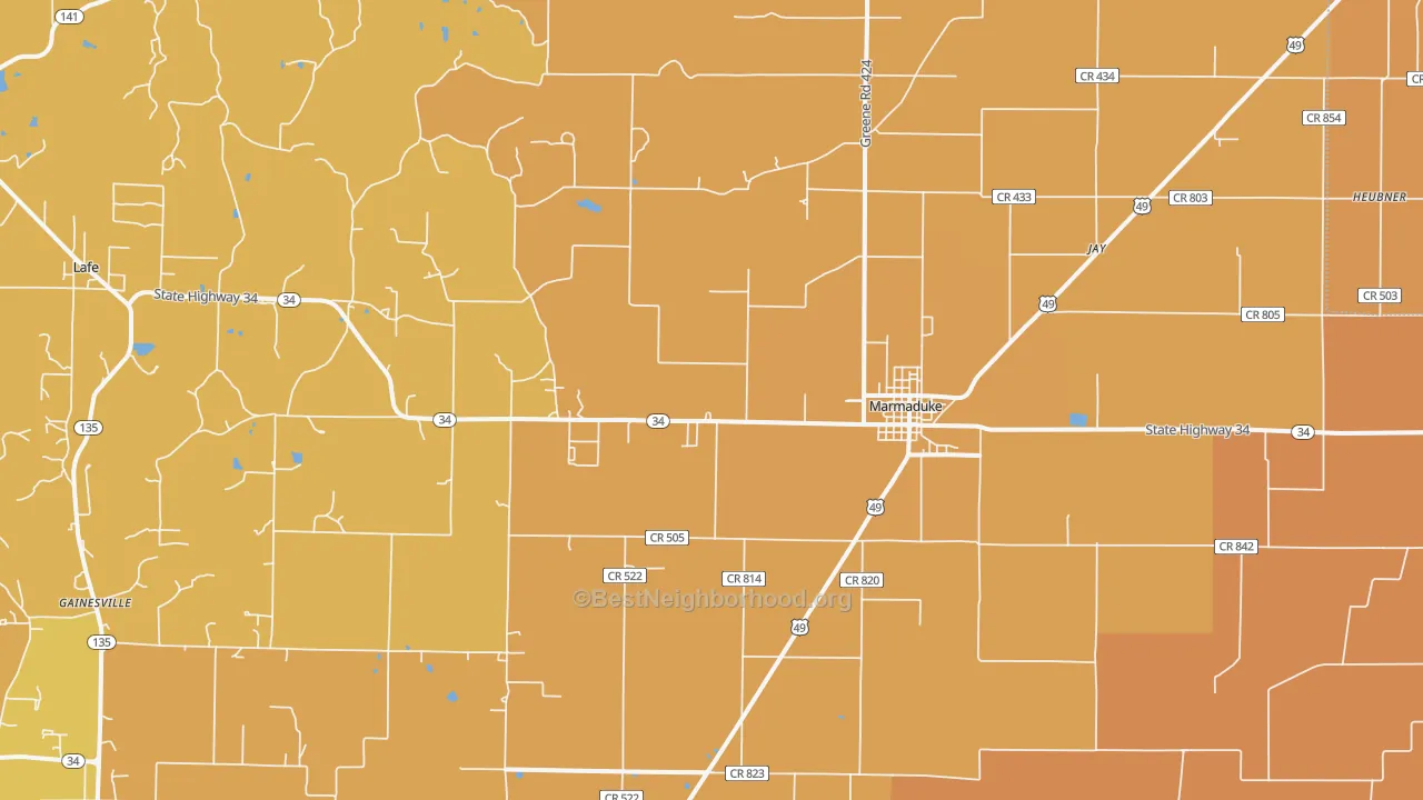 Map of the best neighborhoods in the 72443 area, with better matches in green and worse matches in red