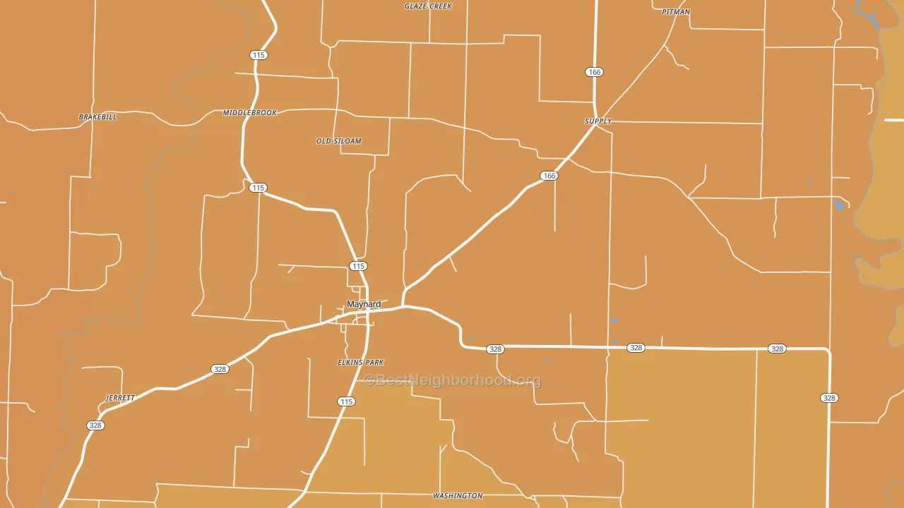 Map of the best neighborhoods in the 72444 area, with better matches in green and worse matches in red