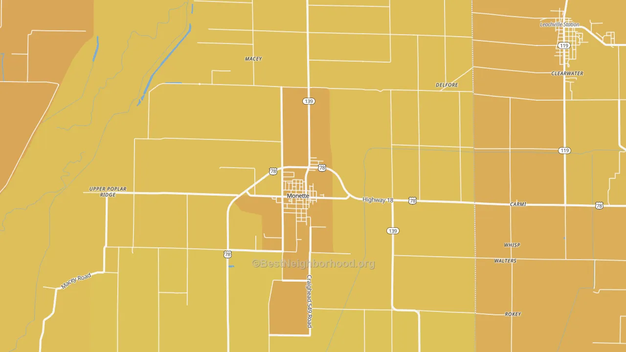 Map of the best neighborhoods in the 72447 area, with better matches in green and worse matches in red