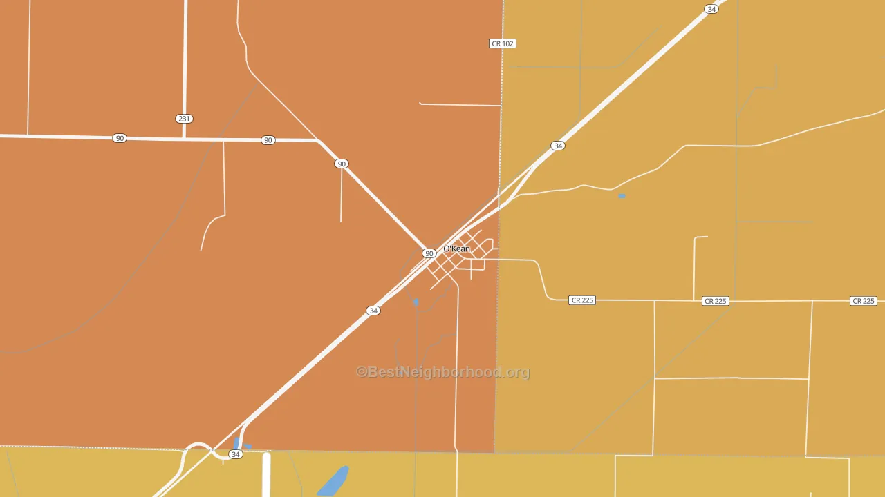 Map of the best neighborhoods in the 72449 area, with better matches in green and worse matches in red