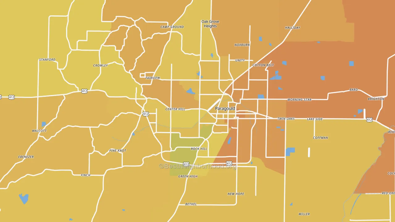 Map of the best neighborhoods in the 72450 area, with better matches in green and worse matches in red