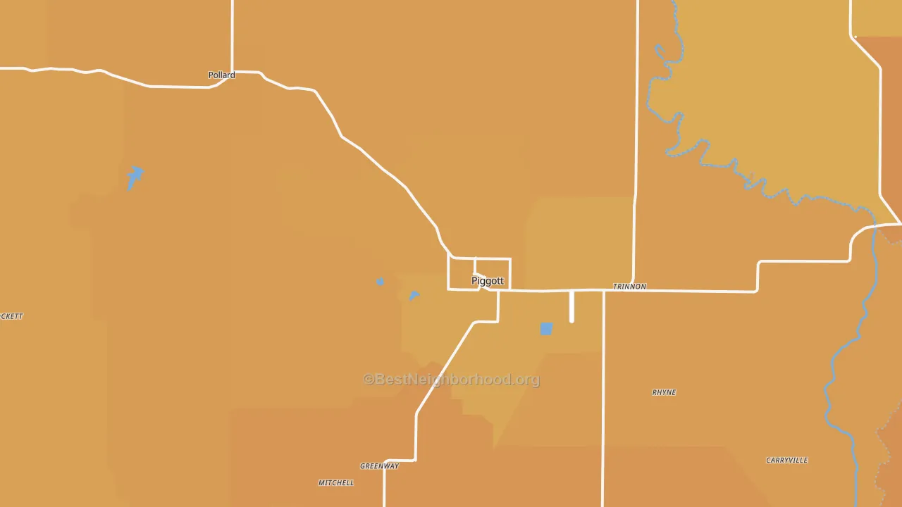 Map of the best neighborhoods in the 72454 area, with better matches in green and worse matches in red