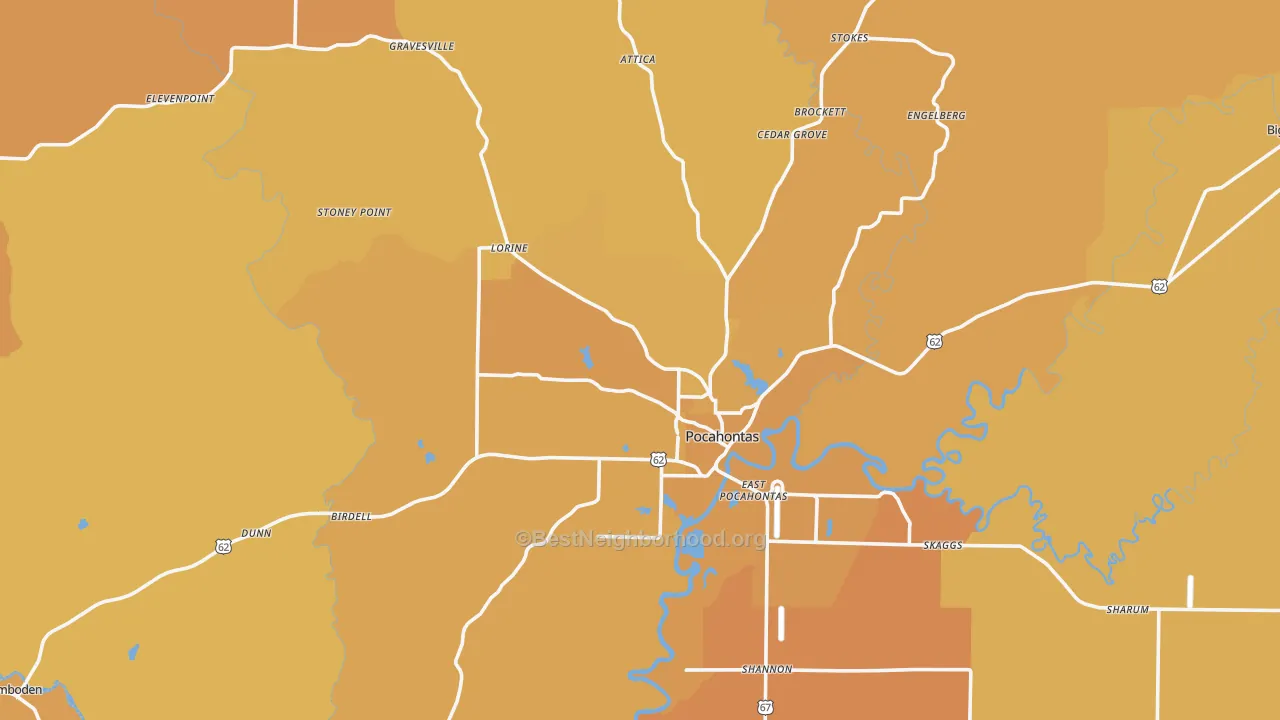 Map of the best neighborhoods in the 72455 area, with better matches in green and worse matches in red