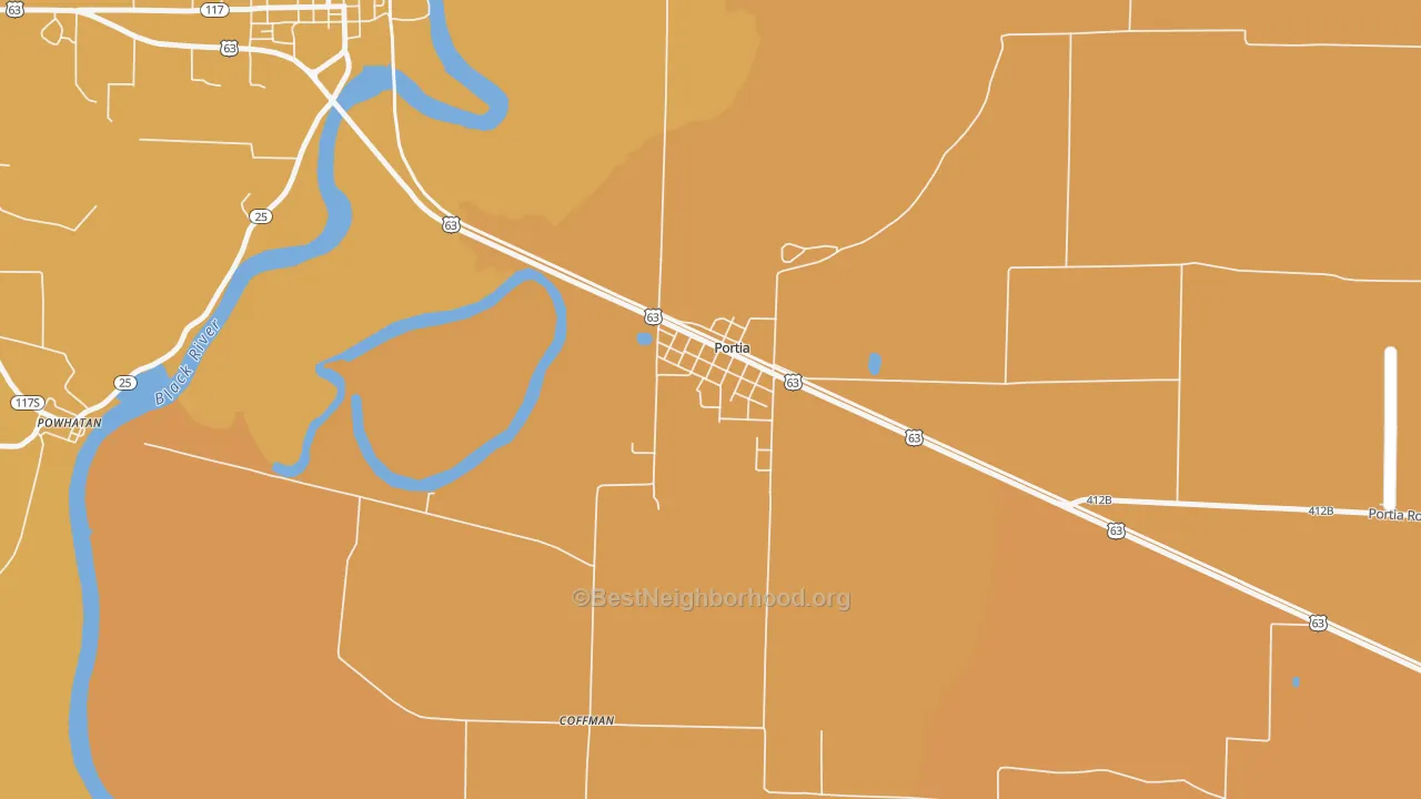 Map of the best neighborhoods in the 72457 area, with better matches in green and worse matches in red