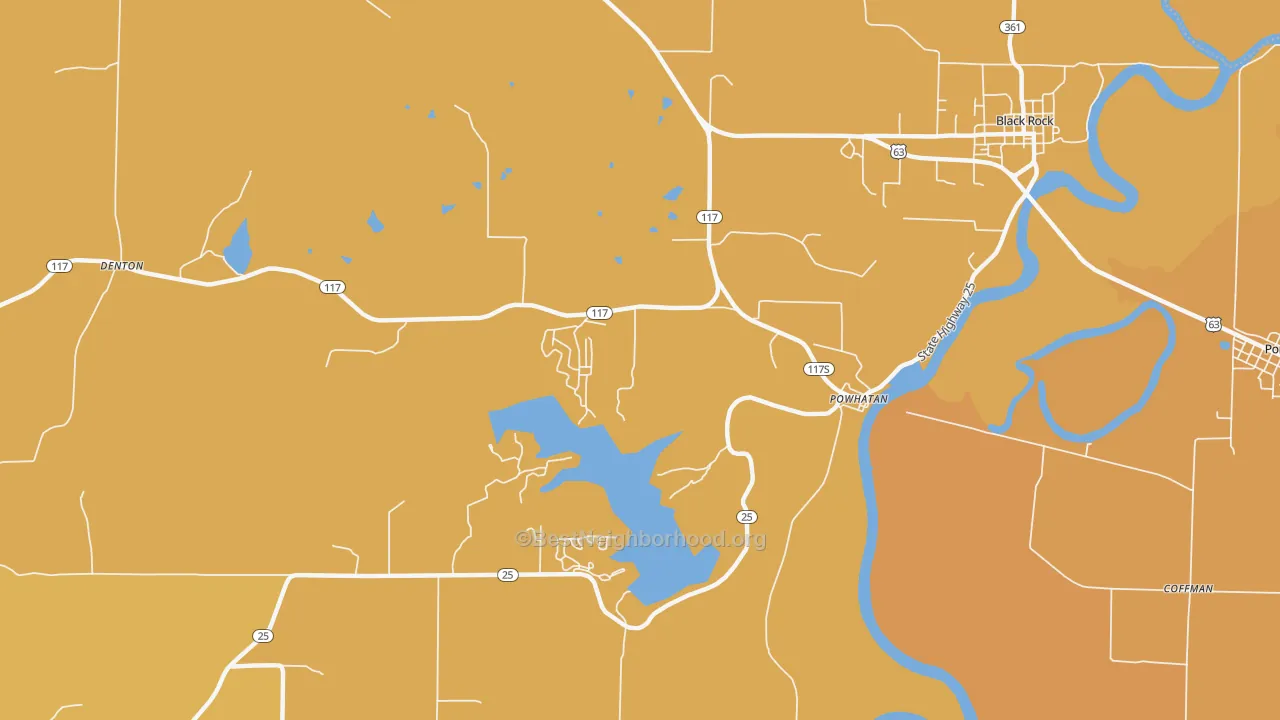 Map of the best neighborhoods in the 72458 area, with better matches in green and worse matches in red