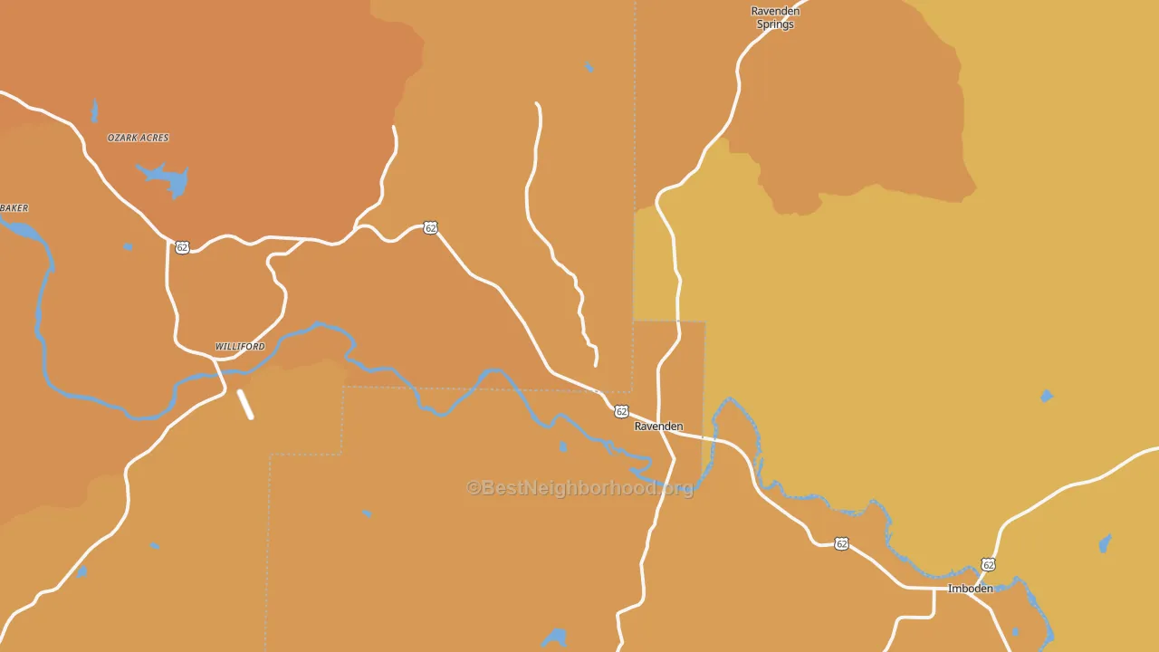 Map of the best neighborhoods in the 72459 area, with better matches in green and worse matches in red