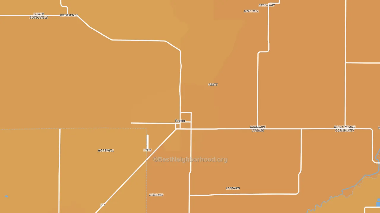 Map of the best neighborhoods in the 72461 area, with better matches in green and worse matches in red