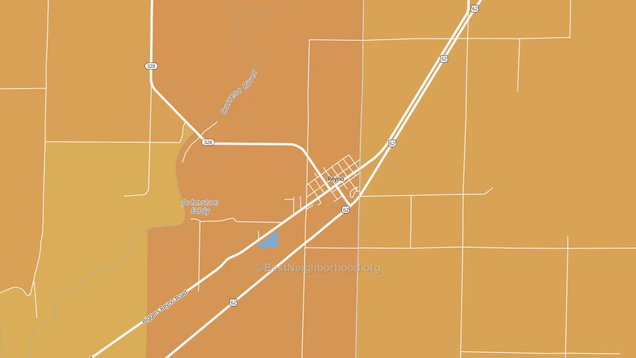 Map of the best neighborhoods in the 72462 area, with better matches in green and worse matches in red