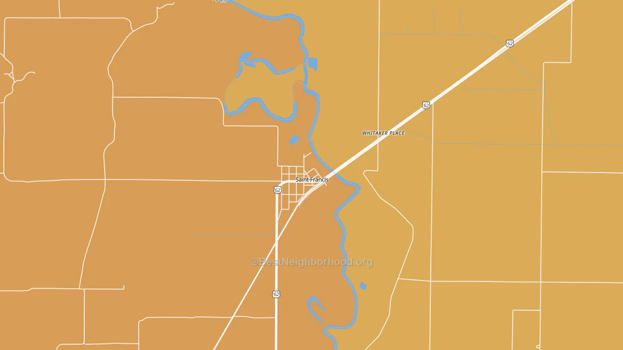 Map of the best neighborhoods in the 72464 area, with better matches in green and worse matches in red
