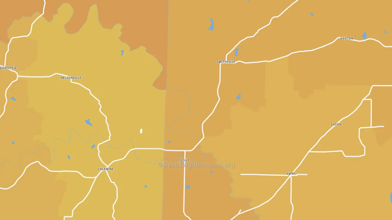 Map of the best neighborhoods in the 72466 area, with better matches in green and worse matches in red