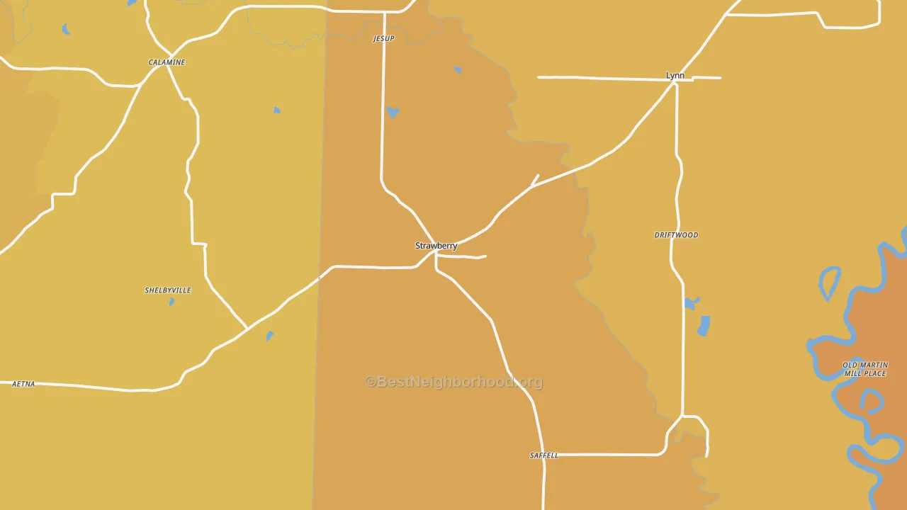 Map of the best neighborhoods in the 72469 area, with better matches in green and worse matches in red