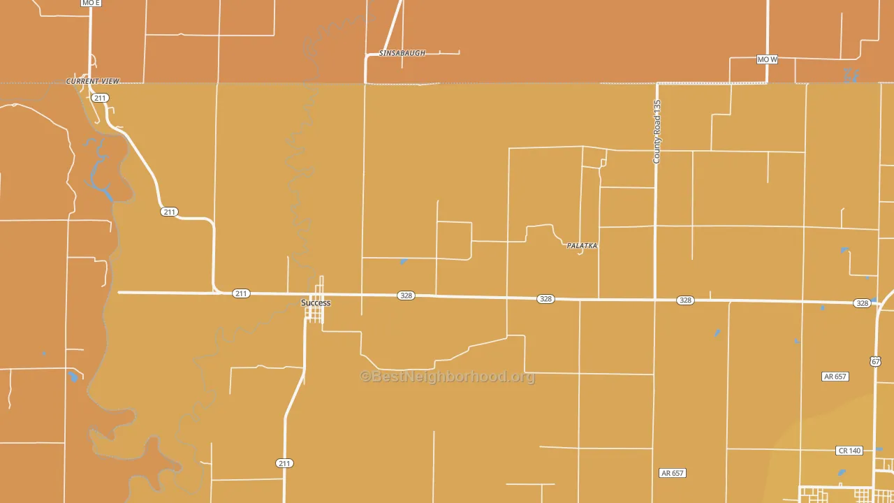 Map of the best neighborhoods in the 72470 area, with better matches in green and worse matches in red