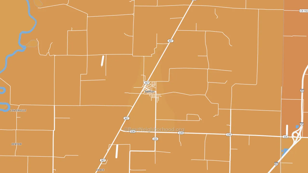 Map of the best neighborhoods in the 72471 area, with better matches in green and worse matches in red