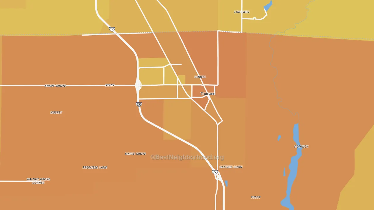 Map of the best neighborhoods in the 72472 area, with better matches in green and worse matches in red