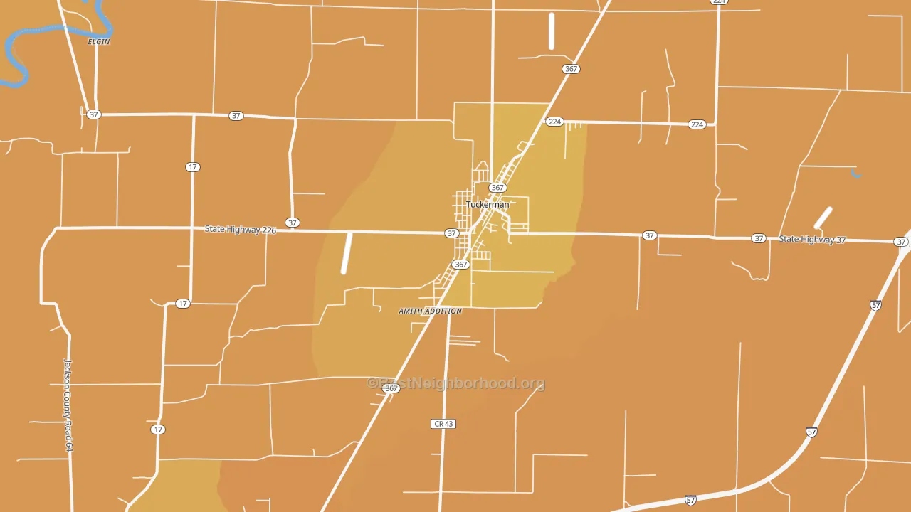 Map of the best neighborhoods in the 72473 area, with better matches in green and worse matches in red