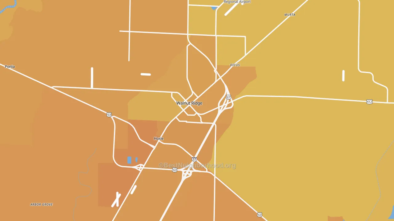 Map of the best neighborhoods in the 72476 area, with better matches in green and worse matches in red
