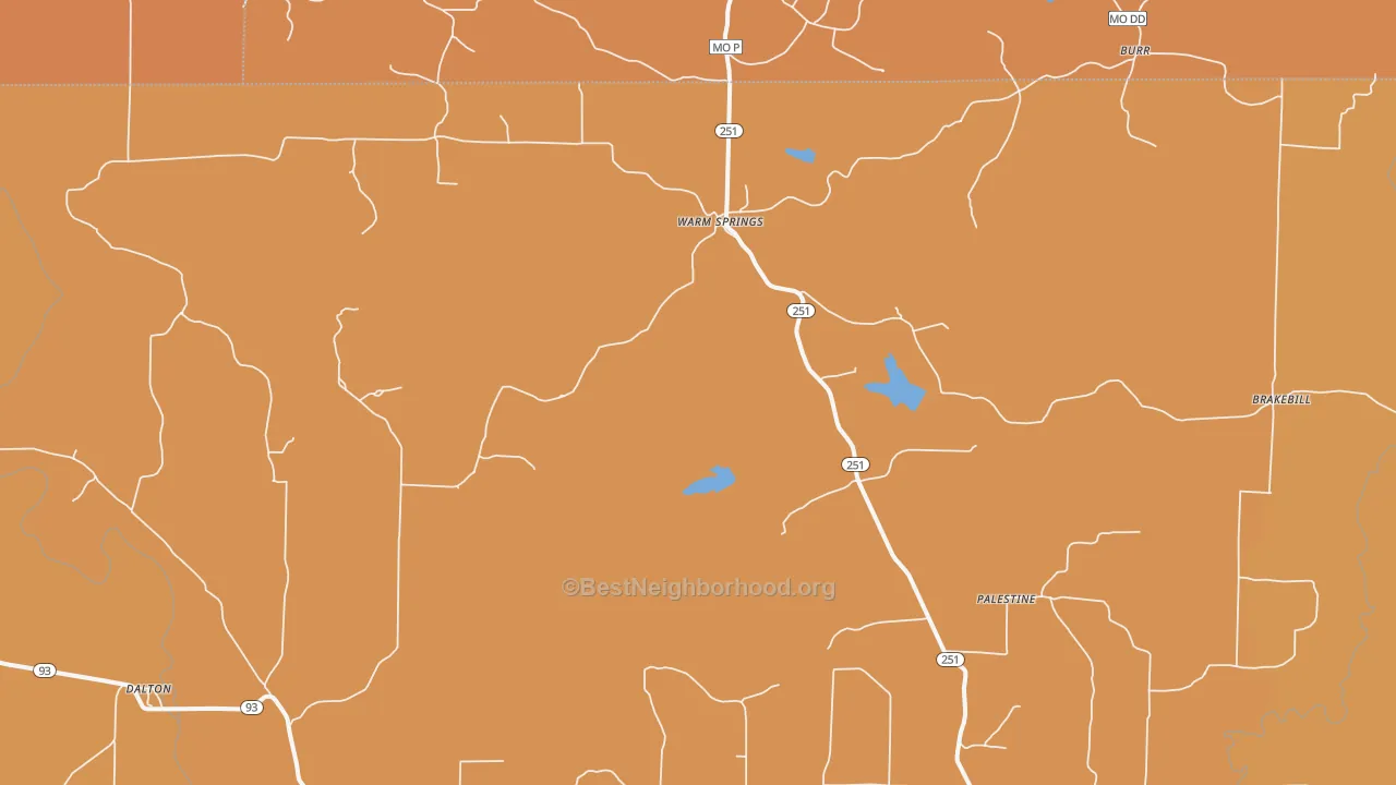 Map of the best neighborhoods in the 72478 area, with better matches in green and worse matches in red