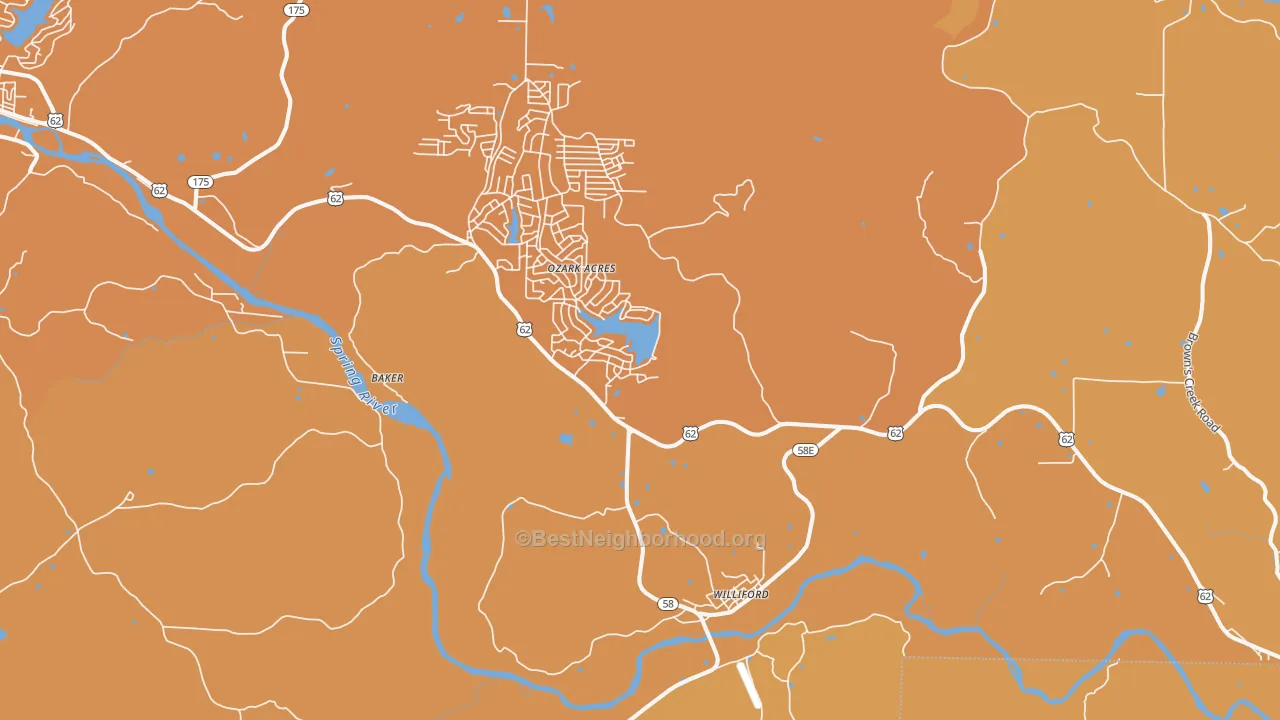 Map of the best neighborhoods in the 72482 area, with better matches in green and worse matches in red