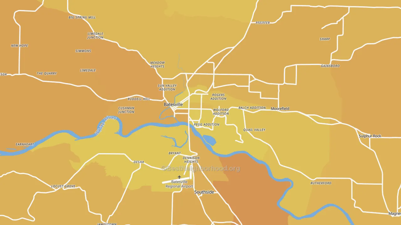 Map of the best neighborhoods in the 72501 area, with better matches in green and worse matches in red