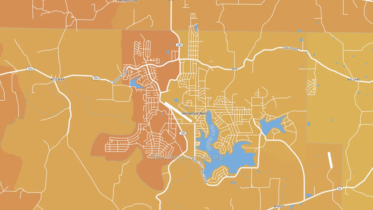 Map of the best neighborhoods in the 72512 area, with better matches in green and worse matches in red
