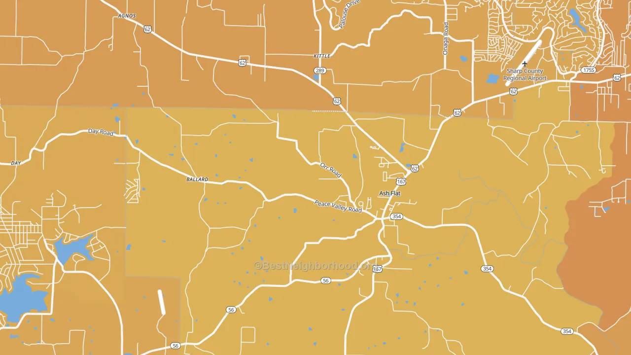 Map of the best neighborhoods in the 72513 area, with better matches in green and worse matches in red