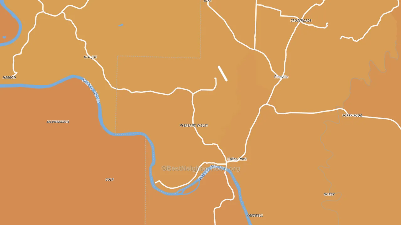 Map of the best neighborhoods in the 72519 area, with better matches in green and worse matches in red
