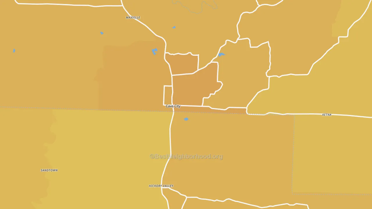 Map of the best neighborhoods in the 72521 area, with better matches in green and worse matches in red