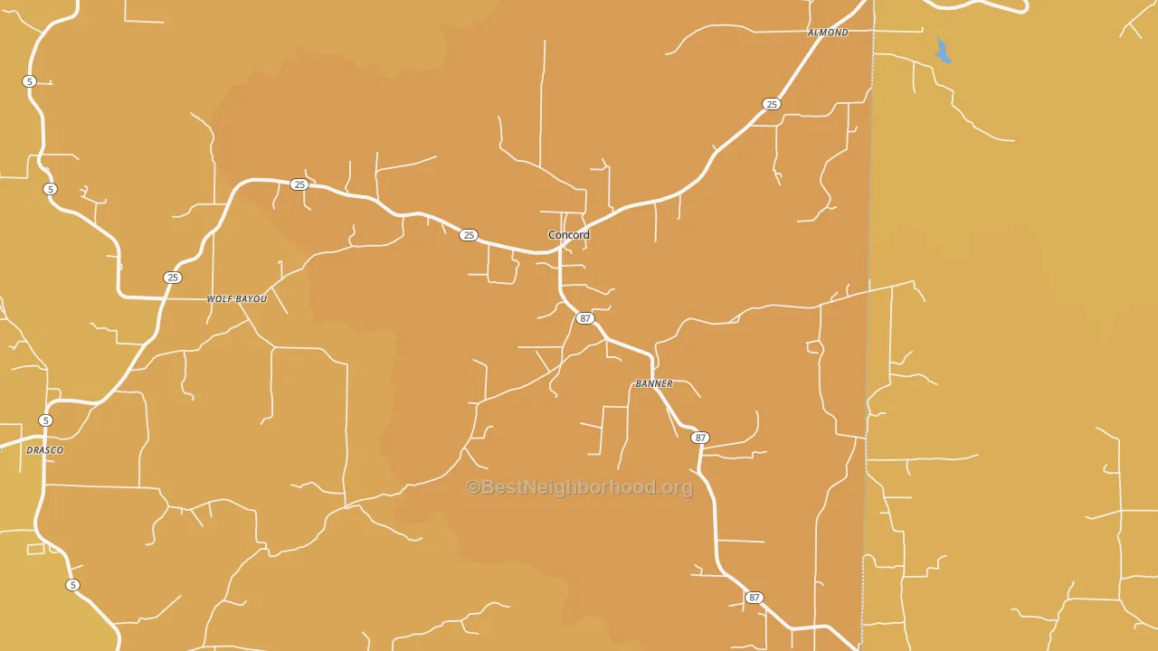 Map of the best neighborhoods in the 72523 area, with better matches in green and worse matches in red