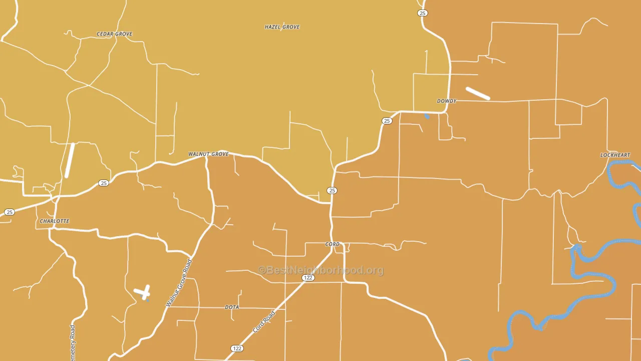 Map of the best neighborhoods in the 72524 area, with better matches in green and worse matches in red