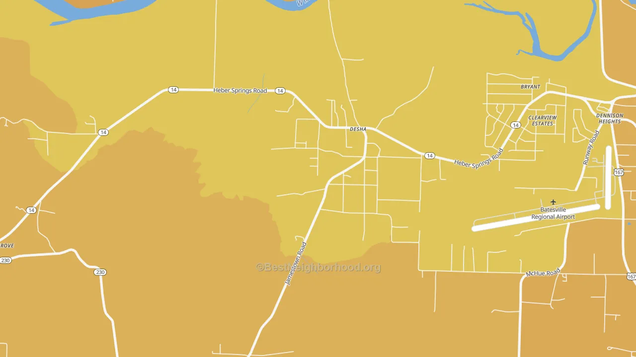 Map of the best neighborhoods in the 72527 area, with better matches in green and worse matches in red