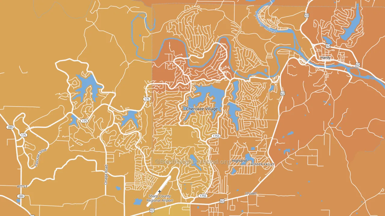 Map of the best neighborhoods in the 72529 area, with better matches in green and worse matches in red