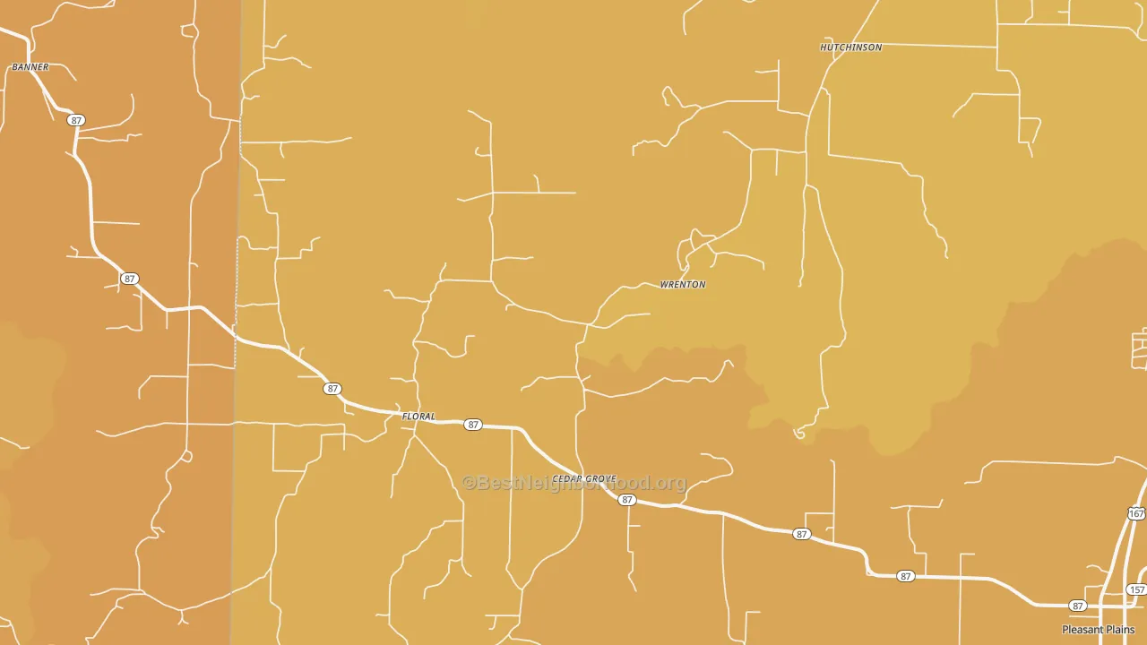 Map of the best neighborhoods in the 72534 area, with better matches in green and worse matches in red