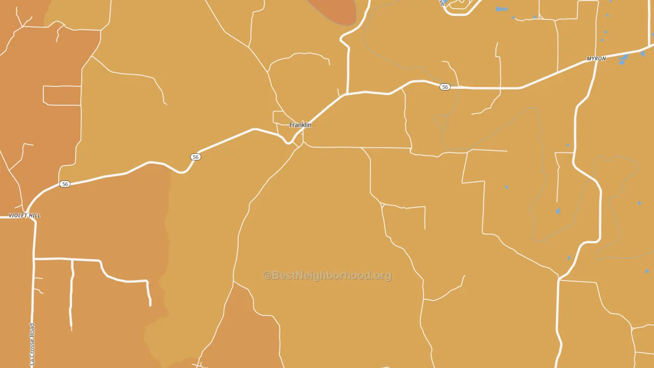 Map of the best neighborhoods in the 72536 area, with better matches in green and worse matches in red