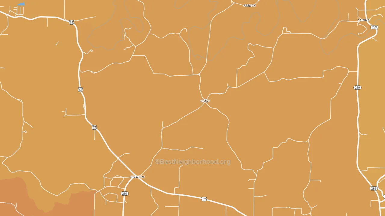 Map of the best neighborhoods in the 72539 area, with better matches in green and worse matches in red