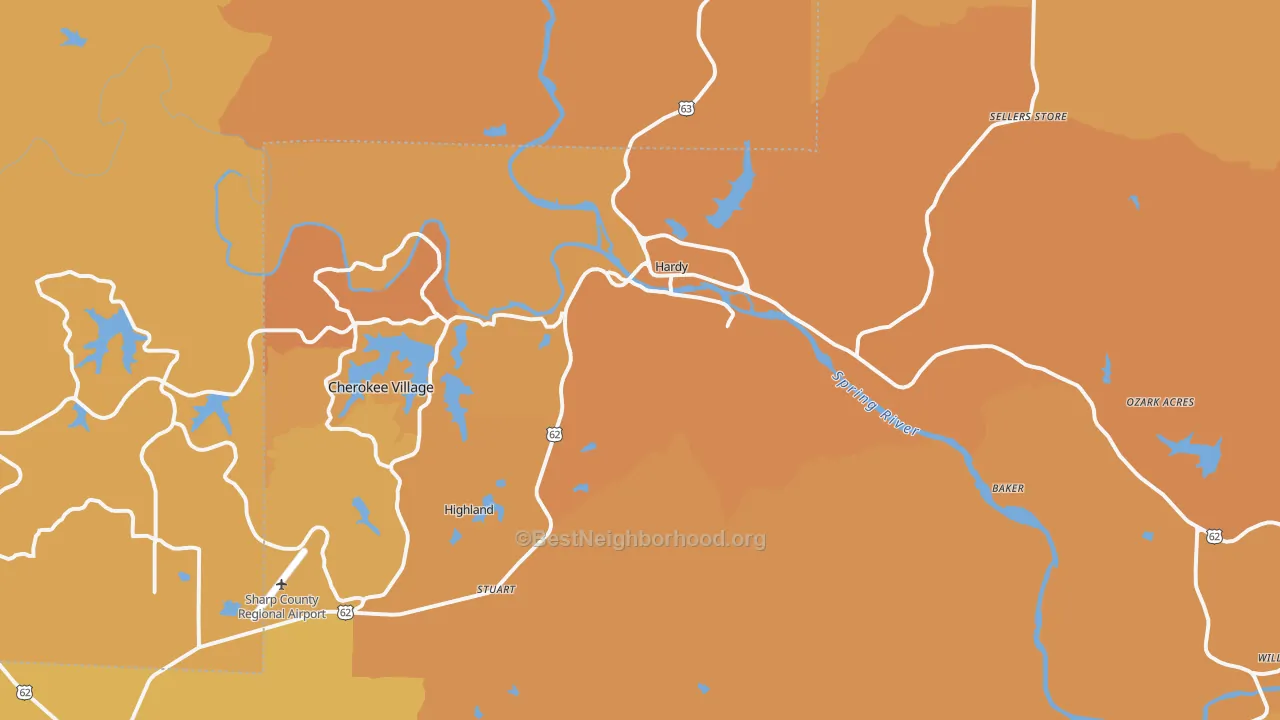 Map of the best neighborhoods in the 72542 area, with better matches in green and worse matches in red