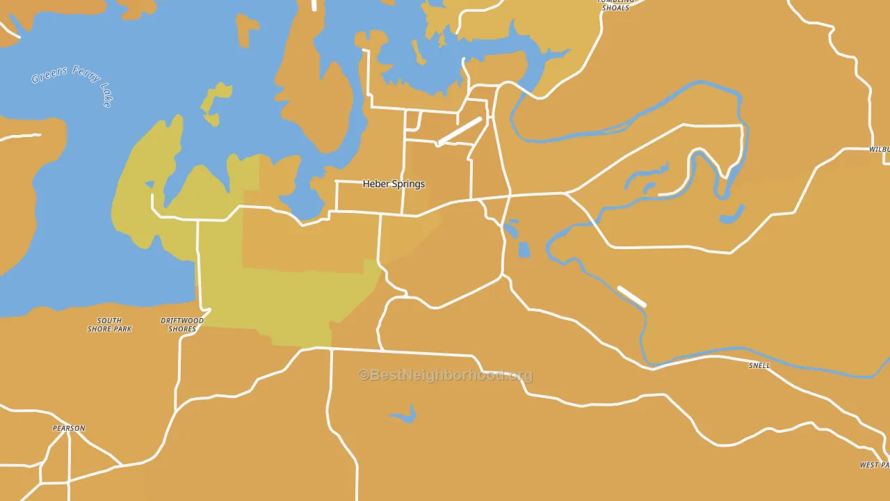 Map of the best neighborhoods in the 72543 area, with better matches in green and worse matches in red