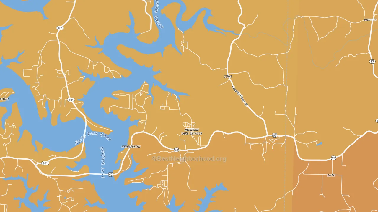 Map of the best neighborhoods in the 72544 area, with better matches in green and worse matches in red