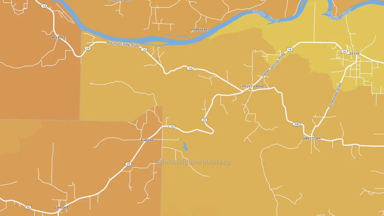 Map of the best neighborhoods in the 72550 area, with better matches in green and worse matches in red